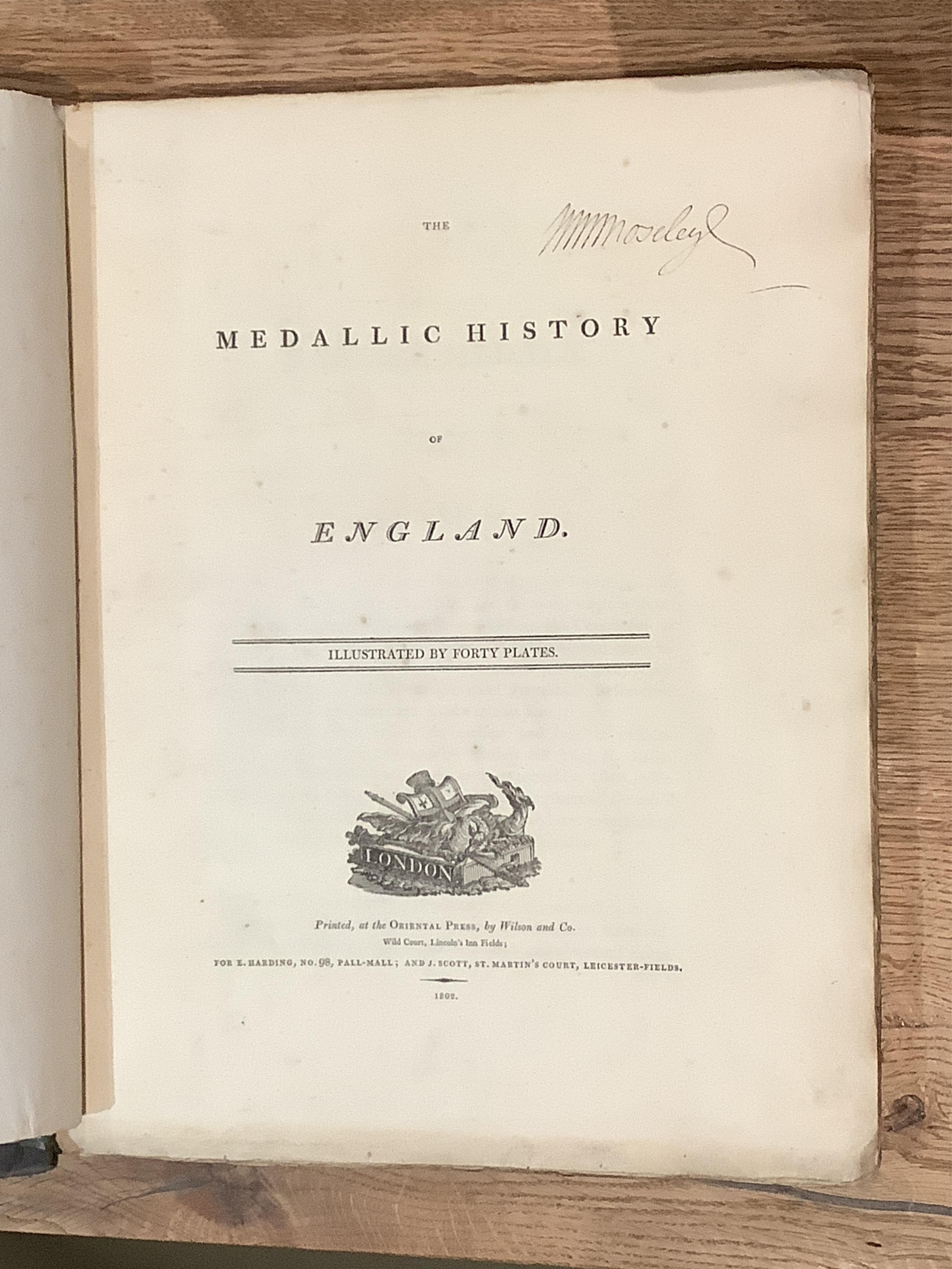 Rapin de Thoyras and Plates engraved by J S Muller for Mr Tindal's continuation of Mr Rapin's Medallic History of England, Vols III-IV Pt II in one volume 1744-47, rebound; another copy nd. incomplete but with 37 plates;